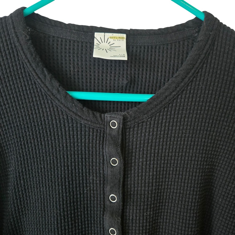 OFFLINE by Aerie Waffle Knit Henley Womens L Top Black Cotton Relaxed Thumbhole